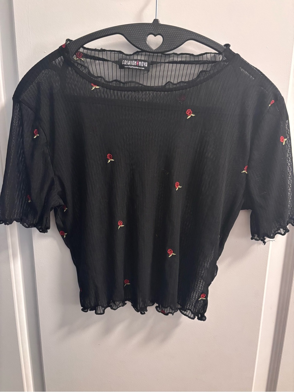 Fashion Nova Black Mesh Rose Embroidered Short Sleeve Top
